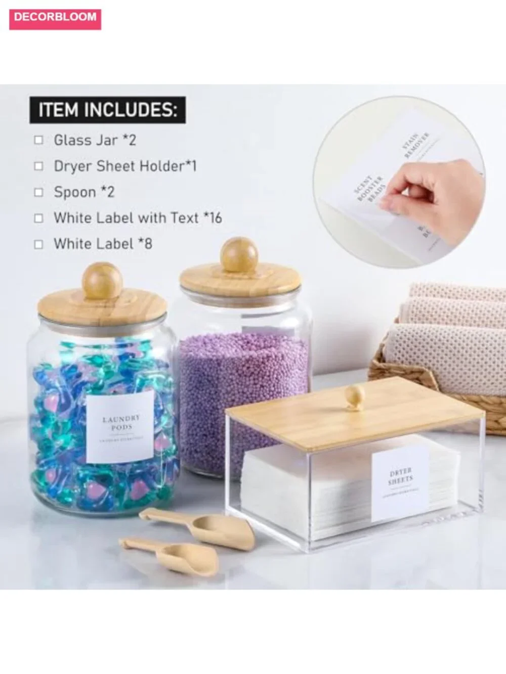 Glass Jars & Dryer Sheet Holder with Bamboo Lids, Laundry Room Storage Set